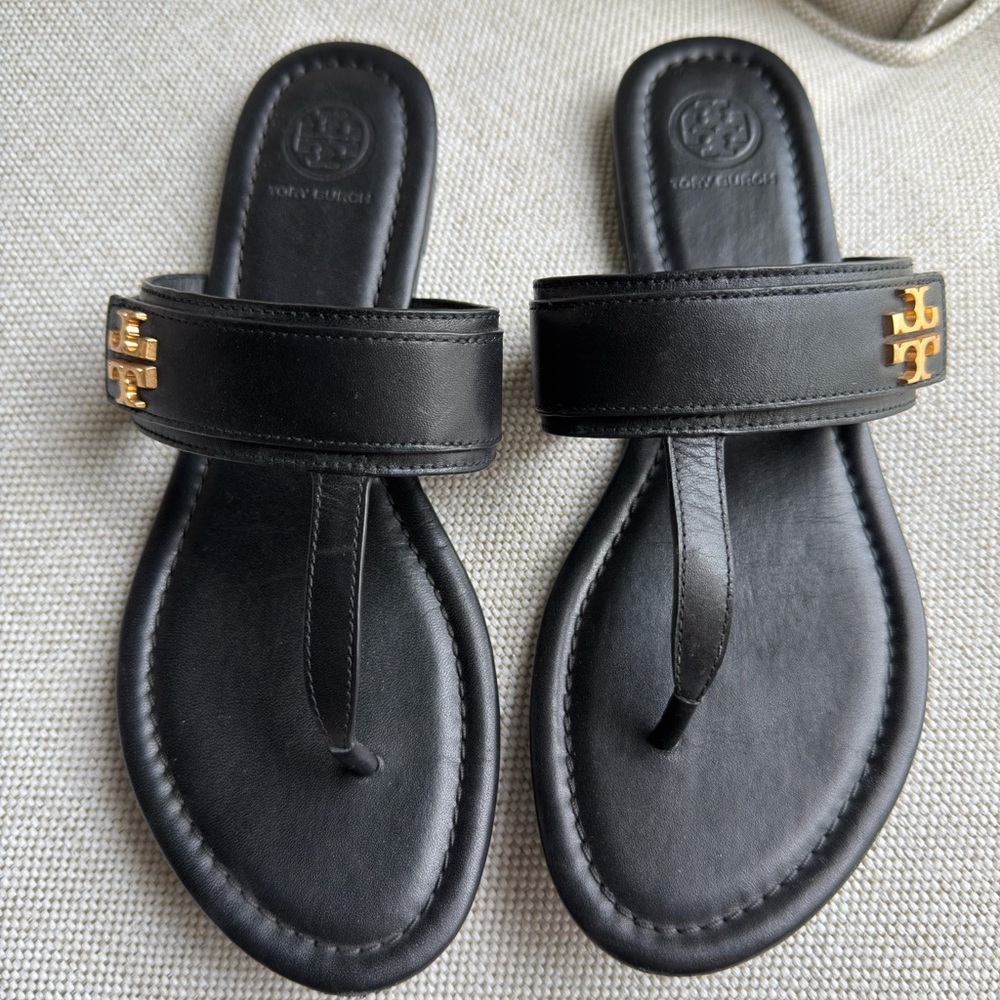 Tory Burch Black Leather Thong Slides with Gold Logo Accent
